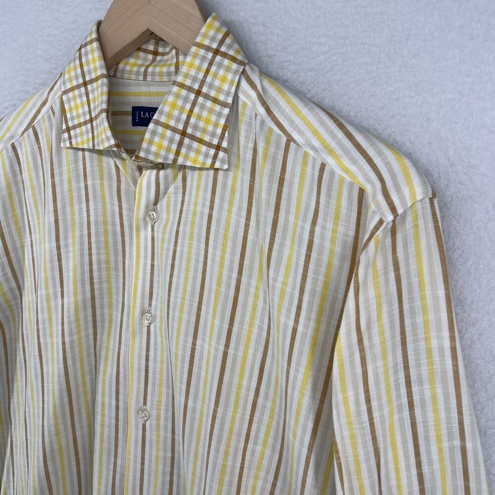LA CAMICERIA Shirt Mens M Italiana Striped Button Up Long Sleeve Cotton Yellow